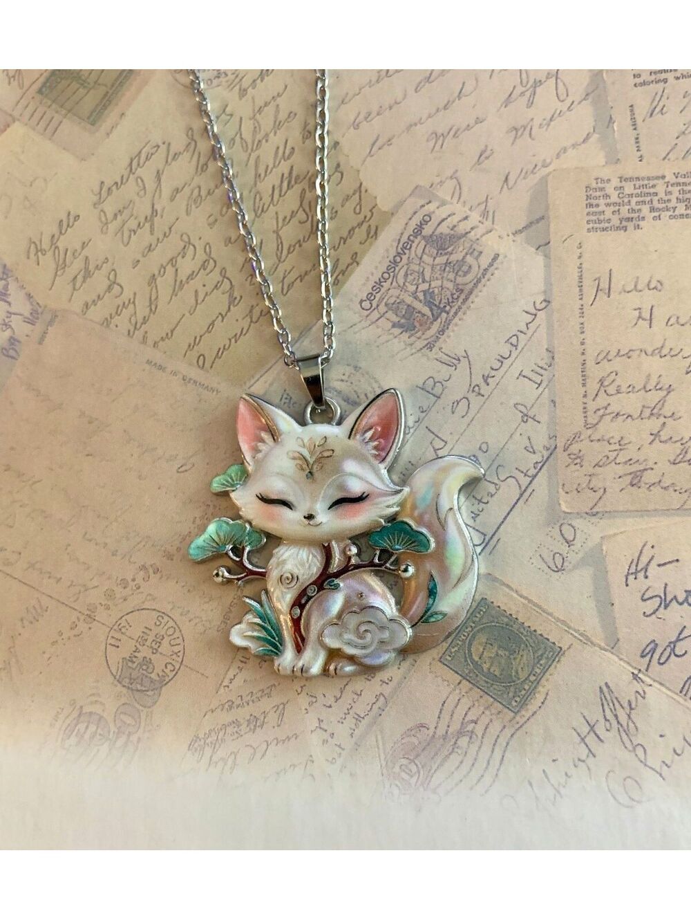 Adorable Fox Pendant Necklace with Enamel Detail & Silver Chain